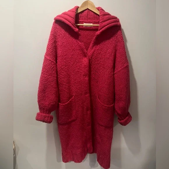 Anthropologie Brushed Cardigan Knit Sweater Coat Large Neon Pink - Picture 4 of 9